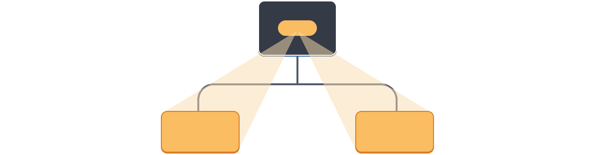 Diagrama com uma árvore de três componentes. O pai contém uma bolha representando um valor destacado em laranja, que se projeta para os dois filhos, cada um destacado em laranja.